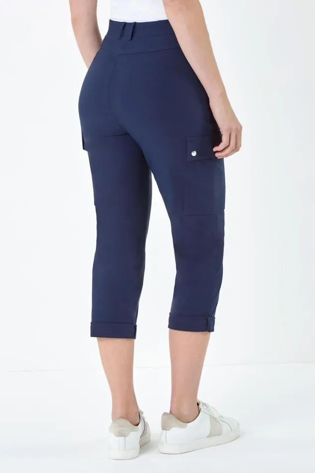 Navy Elastic Waist Turn Up Stretch Cargo Trousers Women Roman Trousers