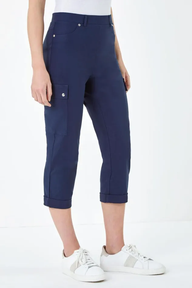 Navy Elastic Waist Turn Up Stretch Cargo Trousers Women Roman Trousers