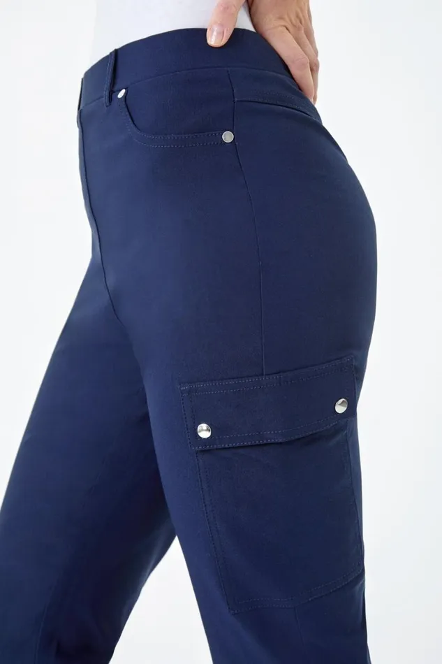 Navy Elastic Waist Turn Up Stretch Cargo Trousers Women Roman Trousers
