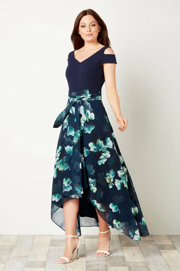Navy Floral Print Cold Shoulder Maxi Dress Women Roman Dresses