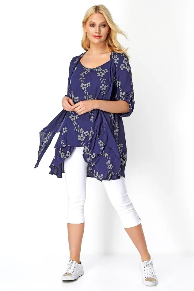 Navy Floral Print Crinkle Tunic Top Women Roman Tops