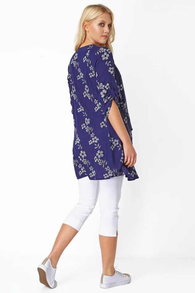 Navy Floral Print Crinkle Tunic Top Women Roman Tops