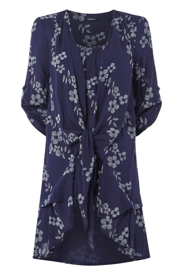 Navy Floral Print Crinkle Tunic Top Women Roman Tops