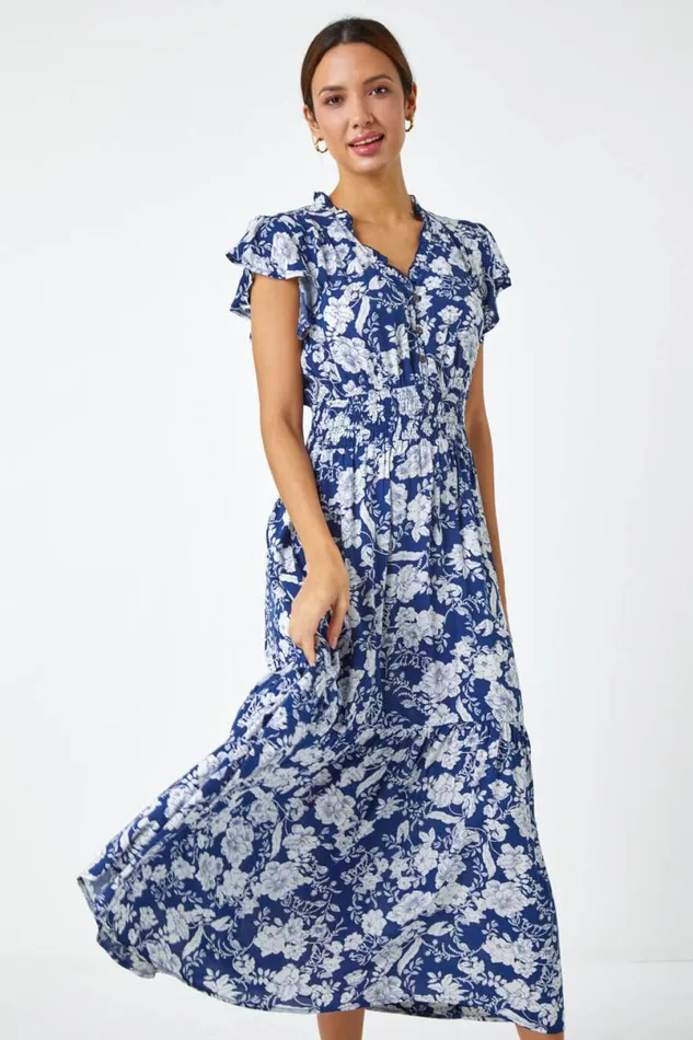 Navy Floral Print Frill Detail Midi Dress Women Roman Dresses