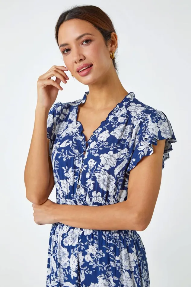 Navy Floral Print Frill Detail Midi Dress Women Roman Dresses