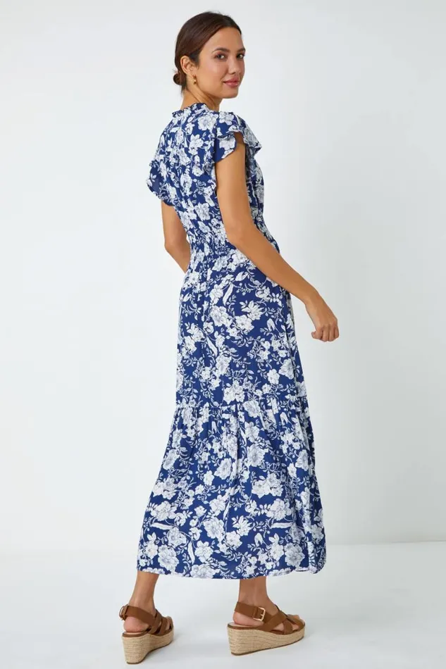 Navy Floral Print Frill Detail Midi Dress Women Roman Dresses