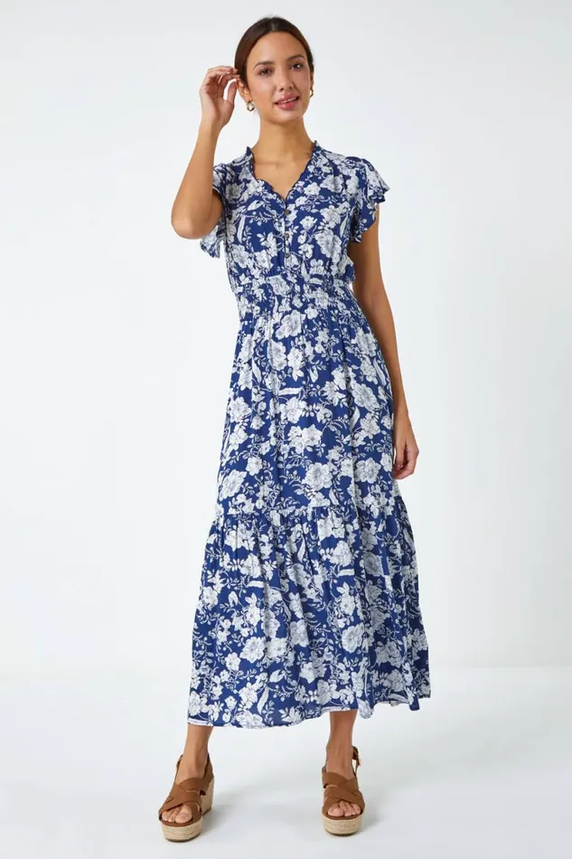 Navy Floral Print Frill Detail Midi Dress Women Roman Dresses