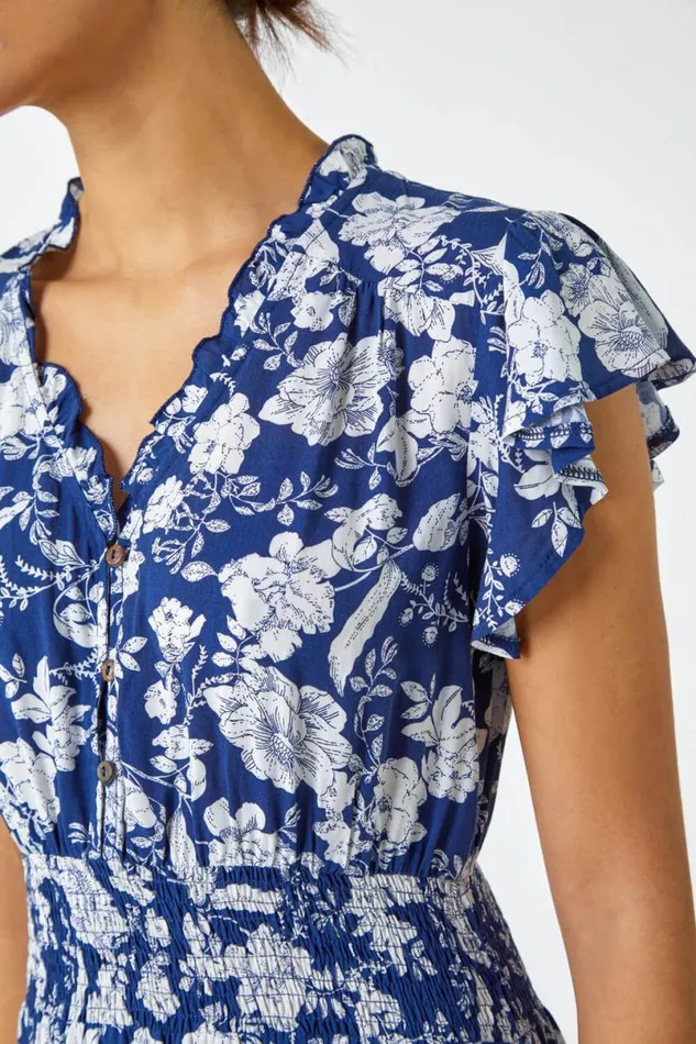 Navy Floral Print Frill Detail Midi Dress Women Roman Dresses