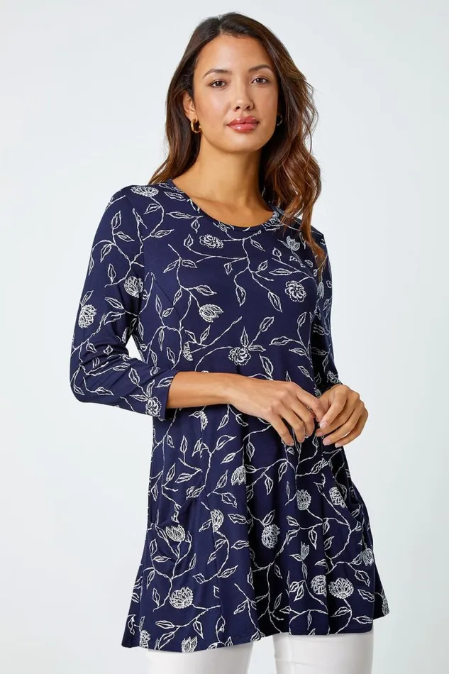 Navy Floral Print Pocket Swing Stretch Top Women Roman Tops