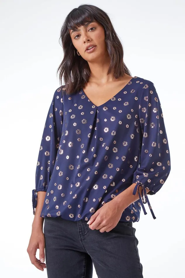 Navy Metallic Spot Print VNeck Blouson Top Women Roman Tops