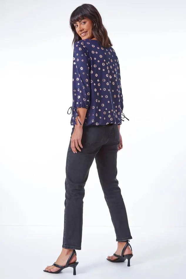 Navy Metallic Spot Print VNeck Blouson Top Women Roman Tops