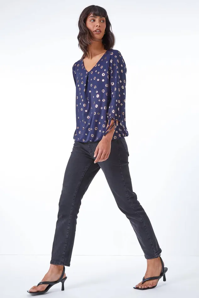 Navy Metallic Spot Print VNeck Blouson Top Women Roman Tops