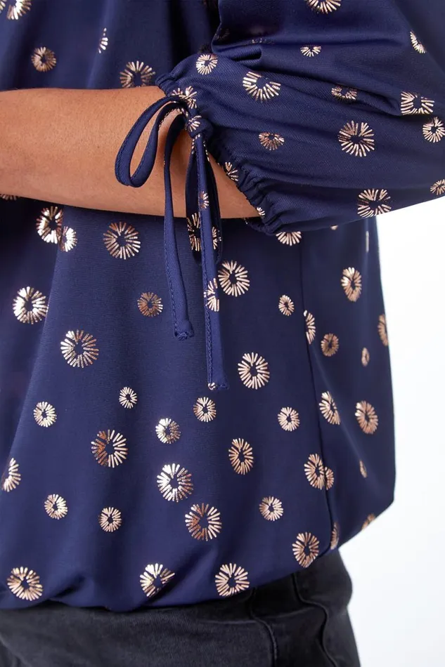 Navy Metallic Spot Print VNeck Blouson Top Women Roman Tops
