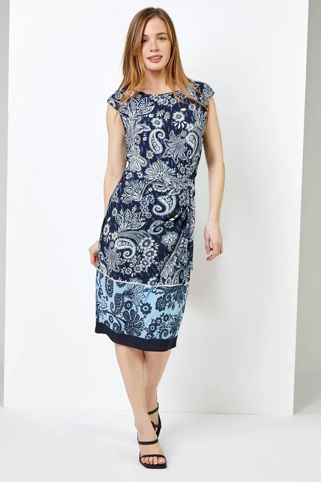 Navy Petite Paisley Print Tie Waist Dress Women Roman Dresses