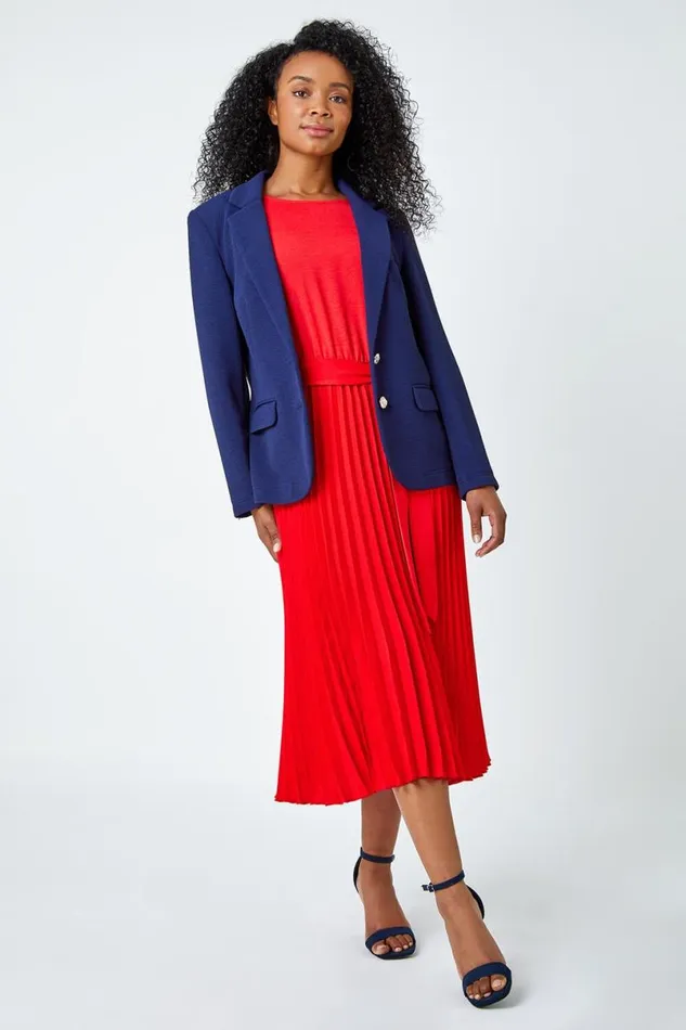 Navy Petite Textured Stretch Blazer Women Roman Jackets