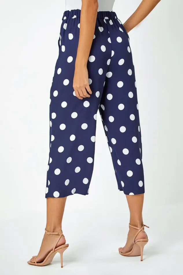 Navy Polka Dot Elastic Waist Culotte Trousers Women Roman Trousers