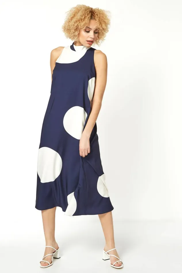 Navy Spot Print High Neck Swing Dress Women Roman Dresses