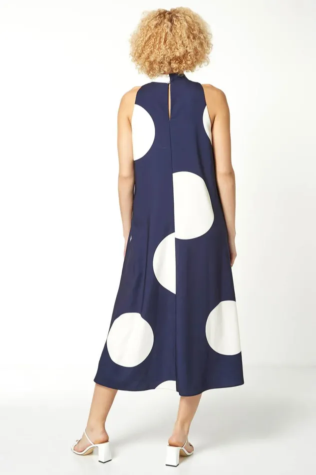 Navy Spot Print High Neck Swing Dress Women Roman Dresses