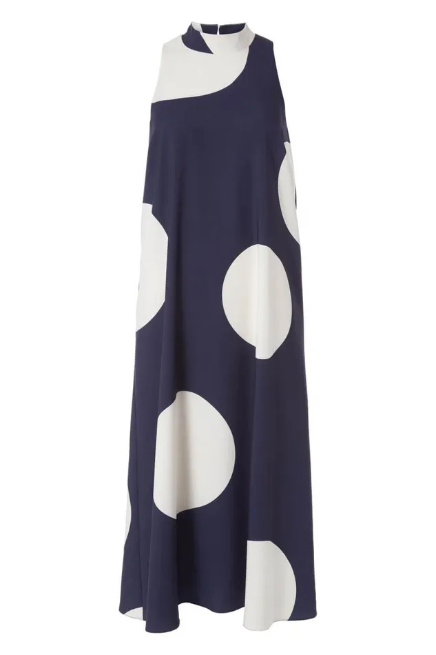 Navy Spot Print High Neck Swing Dress Women Roman Dresses