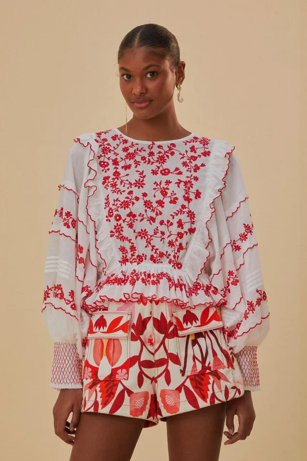 OffWhite And Red Embroidered Long Sleeve Blouse Women FARM Rio Blouses