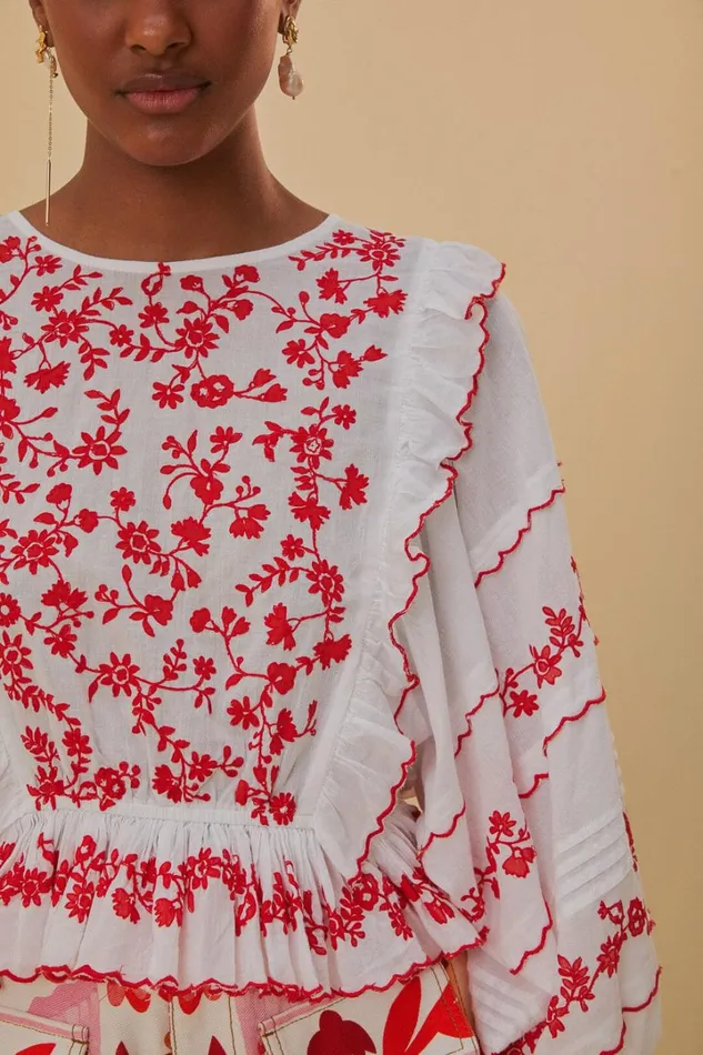 OffWhite And Red Embroidered Long Sleeve Blouse Women FARM Rio Blouses