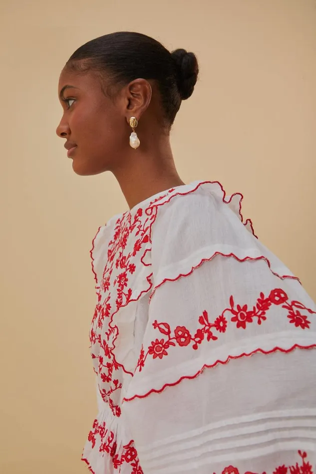 OffWhite And Red Embroidered Long Sleeve Blouse Women FARM Rio Blouses