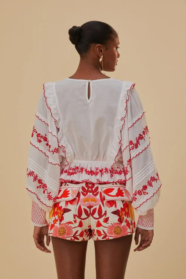 OffWhite And Red Embroidered Long Sleeve Blouse Women FARM Rio Blouses