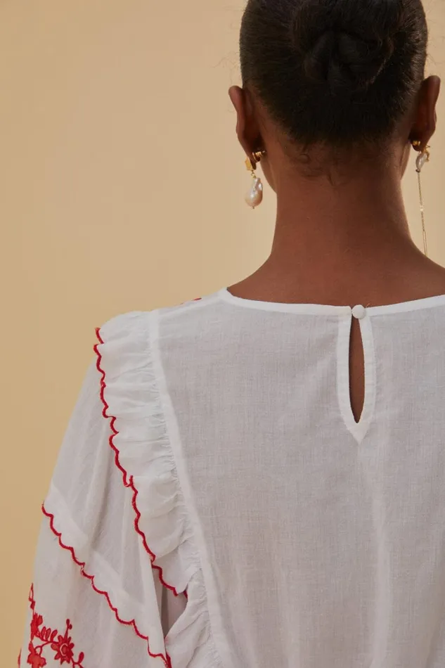 OffWhite And Red Embroidered Long Sleeve Blouse Women FARM Rio Blouses