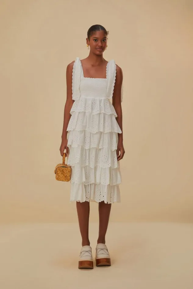 OffWhite Embroidered Ruffle Midi Dress Women FARM Rio Midi Dresses
