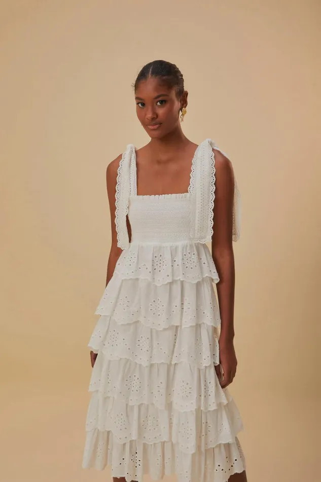 OffWhite Embroidered Ruffle Midi Dress Women FARM Rio Midi Dresses OffWhite Embroidered Ruffle Midi Dress Women FARM Rio Midi Dresses