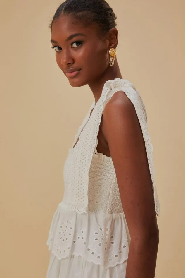 OffWhite Embroidered Ruffle Midi Dress Women FARM Rio Midi Dresses OffWhite Embroidered Ruffle Midi Dress Women FARM Rio Midi Dresses