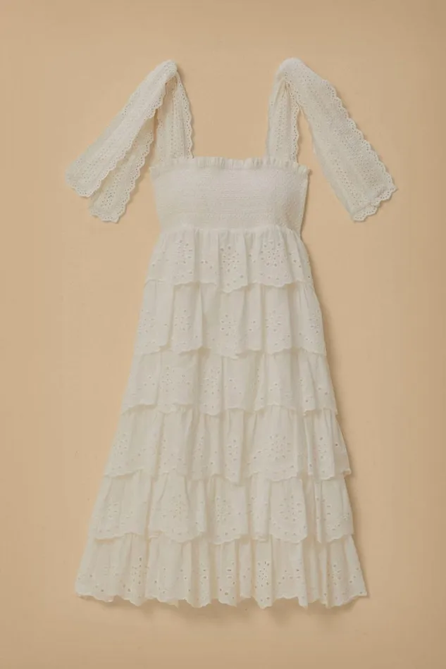 OffWhite Embroidered Ruffle Midi Dress Women FARM Rio Midi Dresses OffWhite Embroidered Ruffle Midi Dress Women FARM Rio Midi Dresses