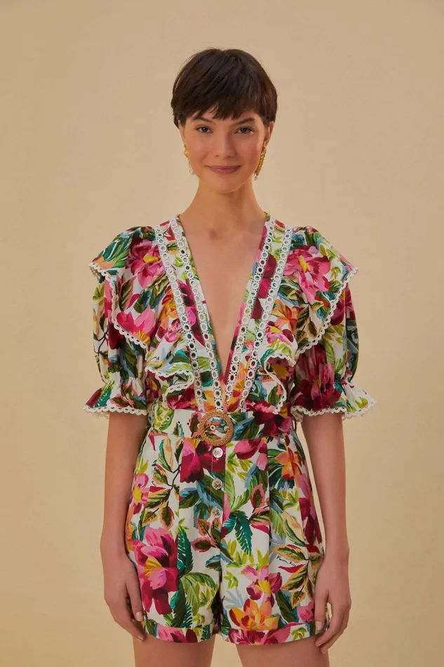 OffWhite Painted Flowers Romper Women FARM Rio Rompers