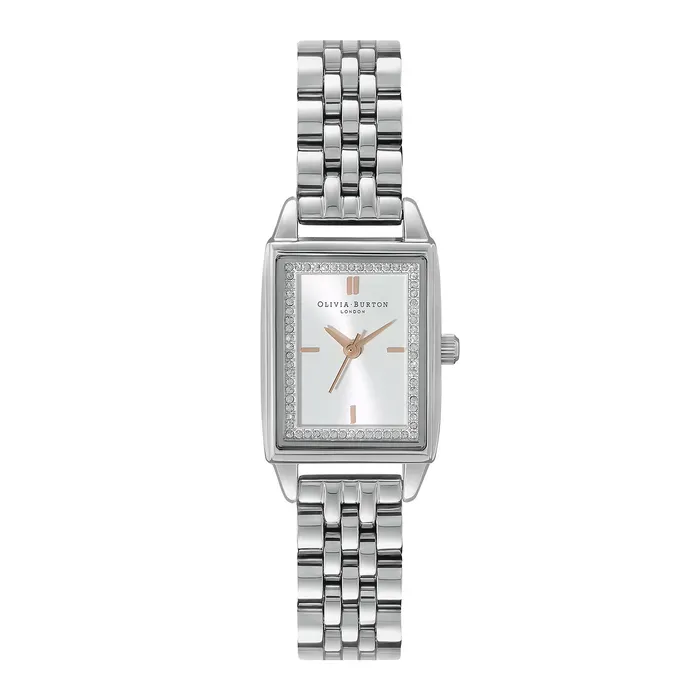 Olivia Burton White Dial Watches Women 21mm Rectangle White and Silver Bracelet Watch