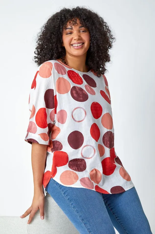 Orange Curve Cotton Blend Spot Print Top Women Roman Tops