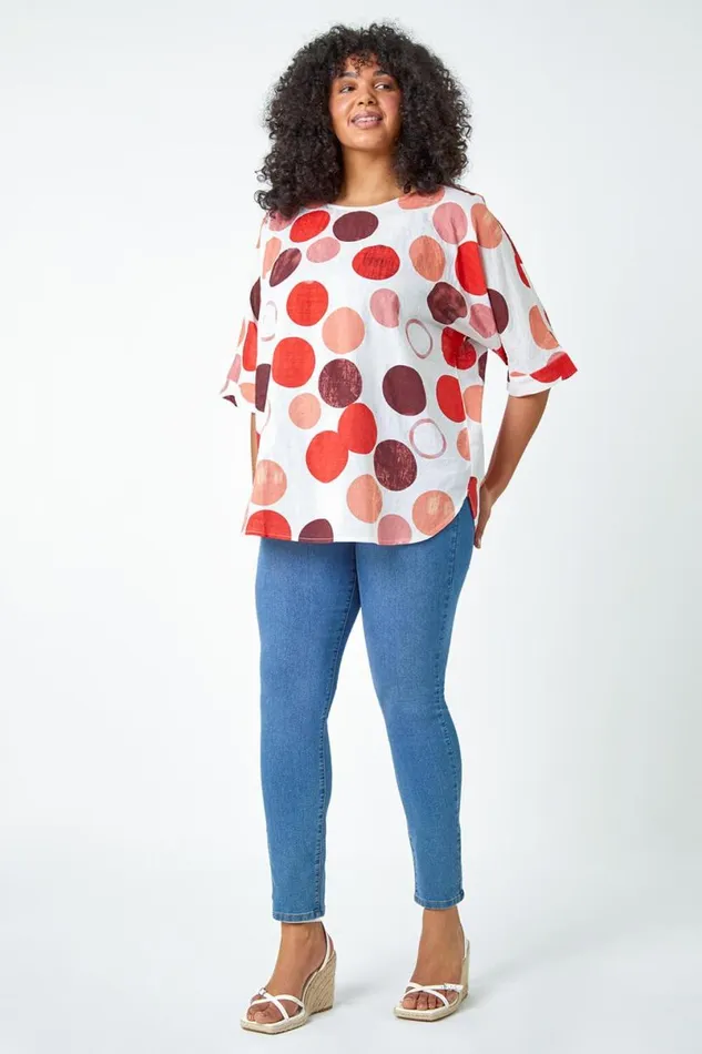 Orange Curve Cotton Blend Spot Print Top Women Roman Tops