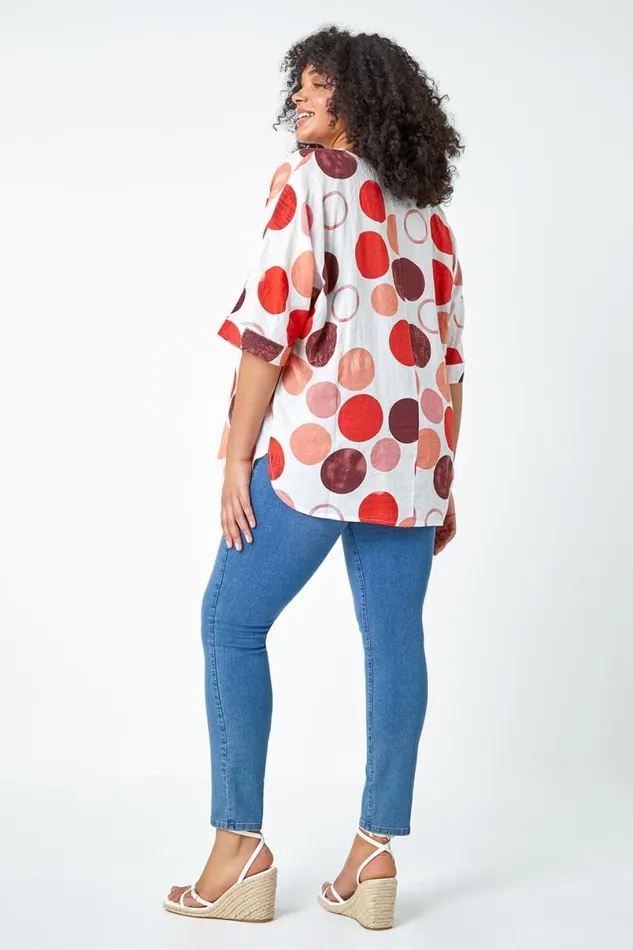 Orange Curve Cotton Blend Spot Print Top Women Roman Tops
