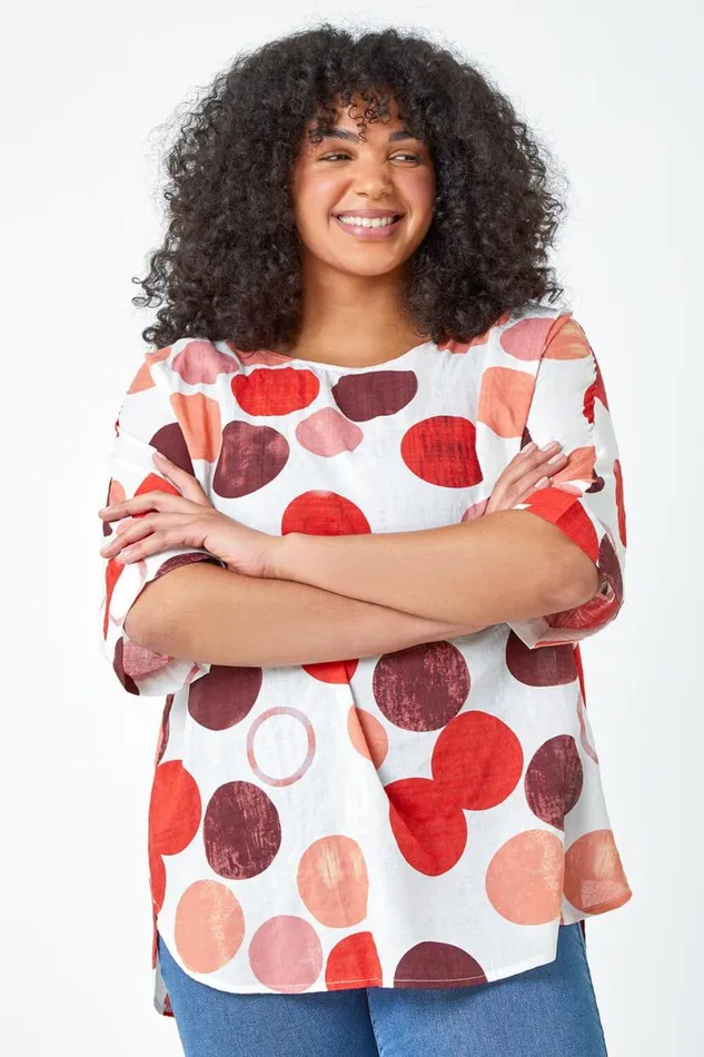 Orange Curve Cotton Blend Spot Print Top Women Roman Tops