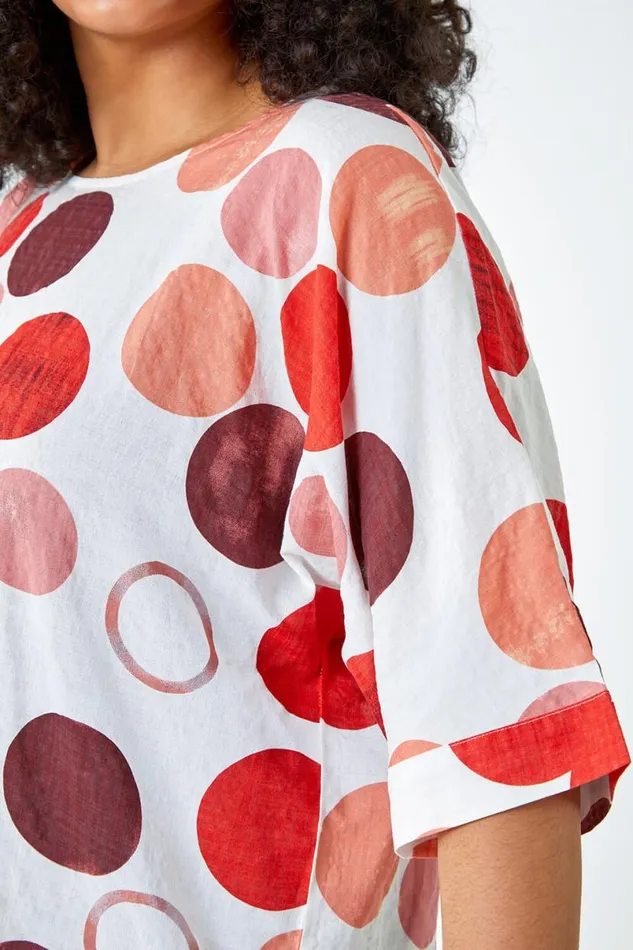 Orange Curve Cotton Blend Spot Print Top Women Roman Tops
