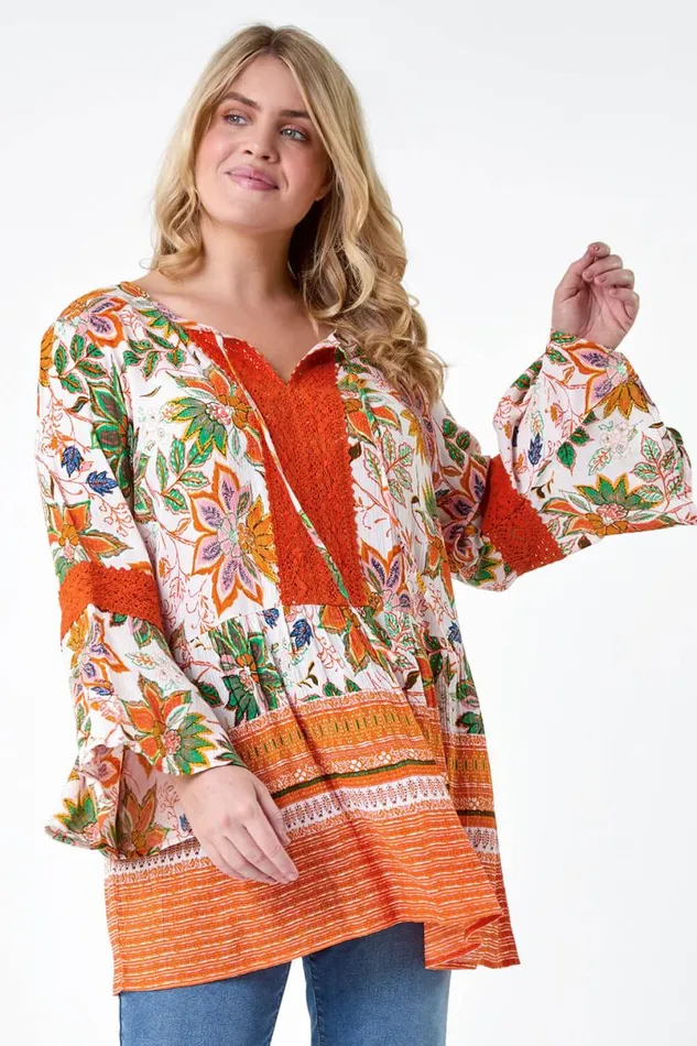Orange Curve Floral Print Lace Smock Top Women Roman Tops