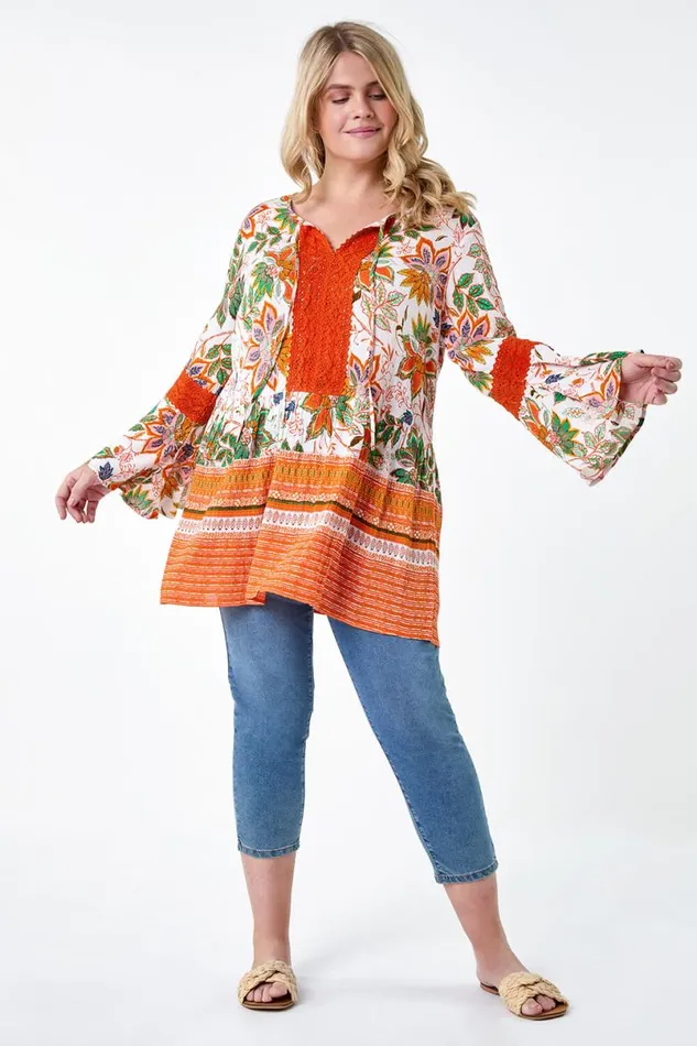 Orange Curve Floral Print Lace Smock Top Women Roman Tops