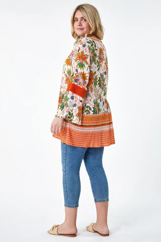 Orange Curve Floral Print Lace Smock Top Women Roman Tops
