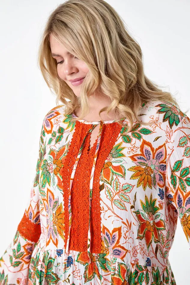 Orange Curve Floral Print Lace Smock Top Women Roman Tops
