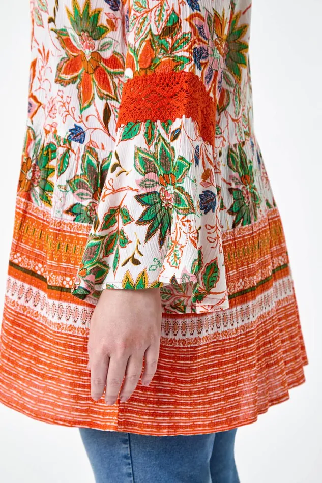 Orange Curve Floral Print Lace Smock Top Women Roman Tops