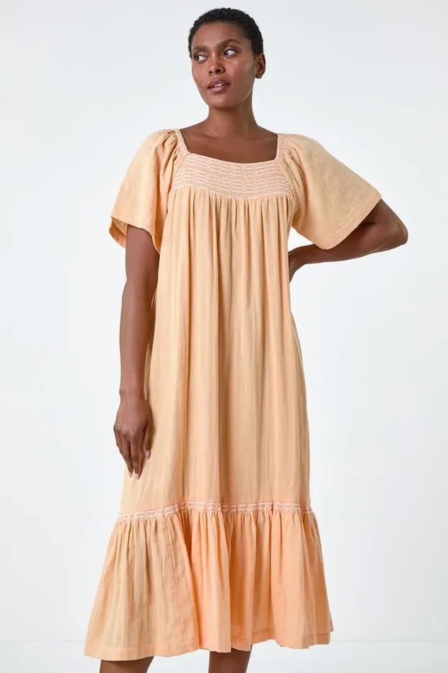 Orange Embroidered Cotton Midi Smock Dress Women Roman Dresses