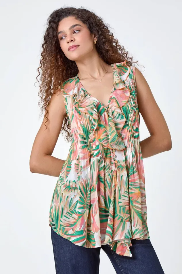 Orange Leaf Print Frill Pintuck Detail Top Women Roman Tops