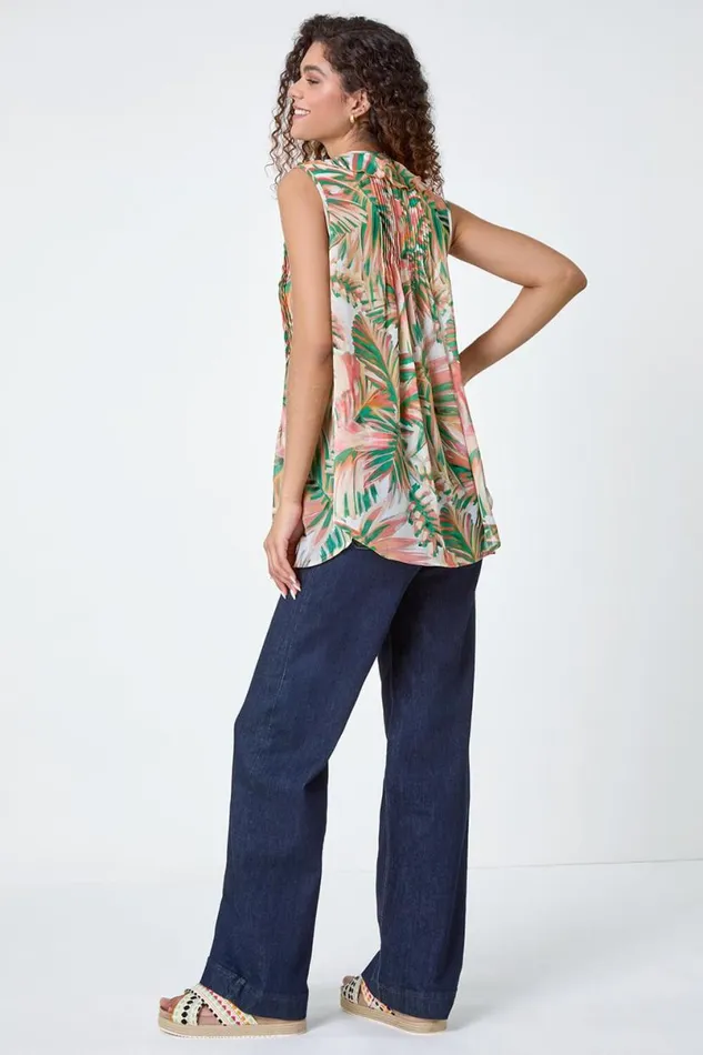 Orange Leaf Print Frill Pintuck Detail Top Women Roman Tops