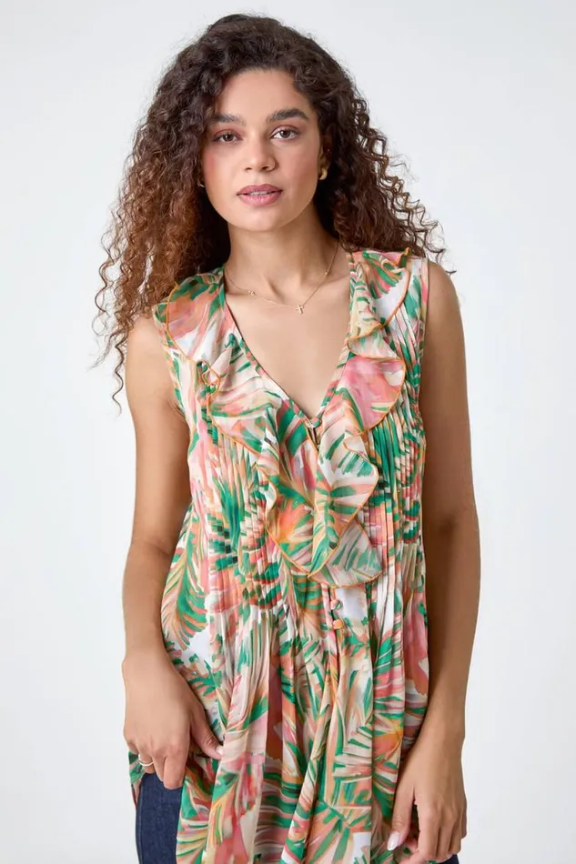 Orange Leaf Print Frill Pintuck Detail Top Women Roman Tops