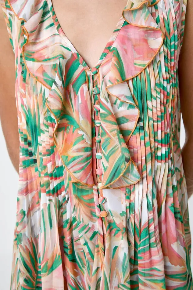 Orange Leaf Print Frill Pintuck Detail Top Women Roman Tops