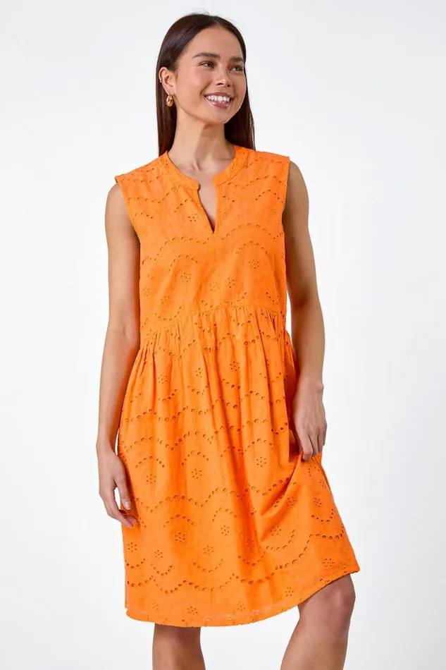 Orange Petite Broderie Cotton Dress Women Roman Dresses